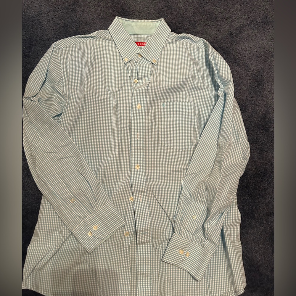 Izod long sleeve casual shirt, teal and white, large